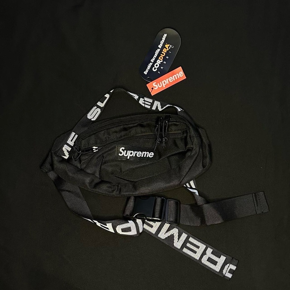 Supreme Black Belt Bag with White Logo Strap